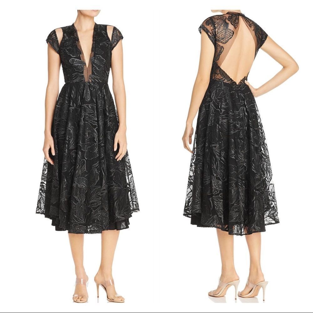 Saulee Alyssa Embroiled Mesh Fit &Flare Midi Dress
